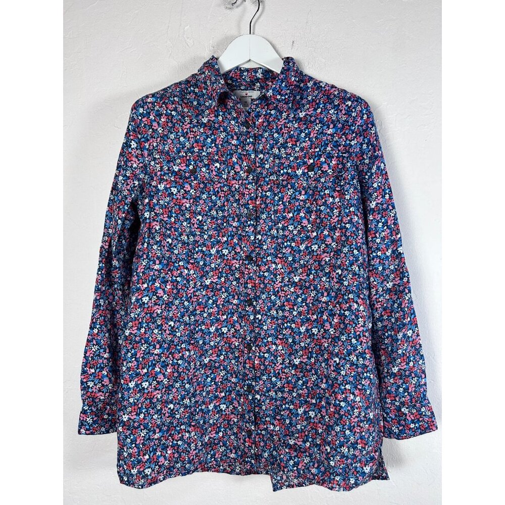 Draper James Lands' End Womens Floral Button-Up Shirt Medium 10-12 Linen Blue